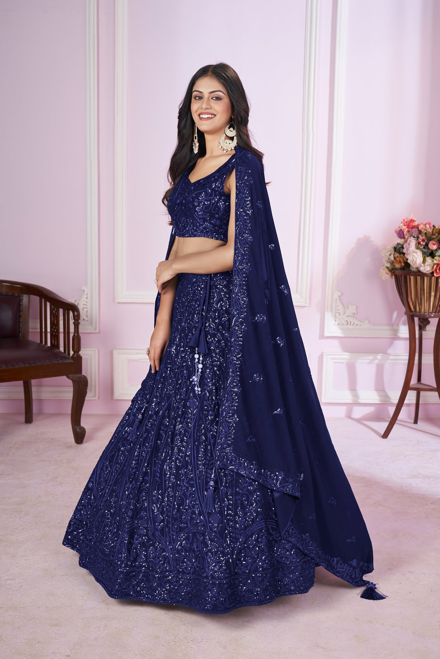 Wonderful Navy Blue Sequins Georgette Wedding Wear Lehenga Choli By WTW