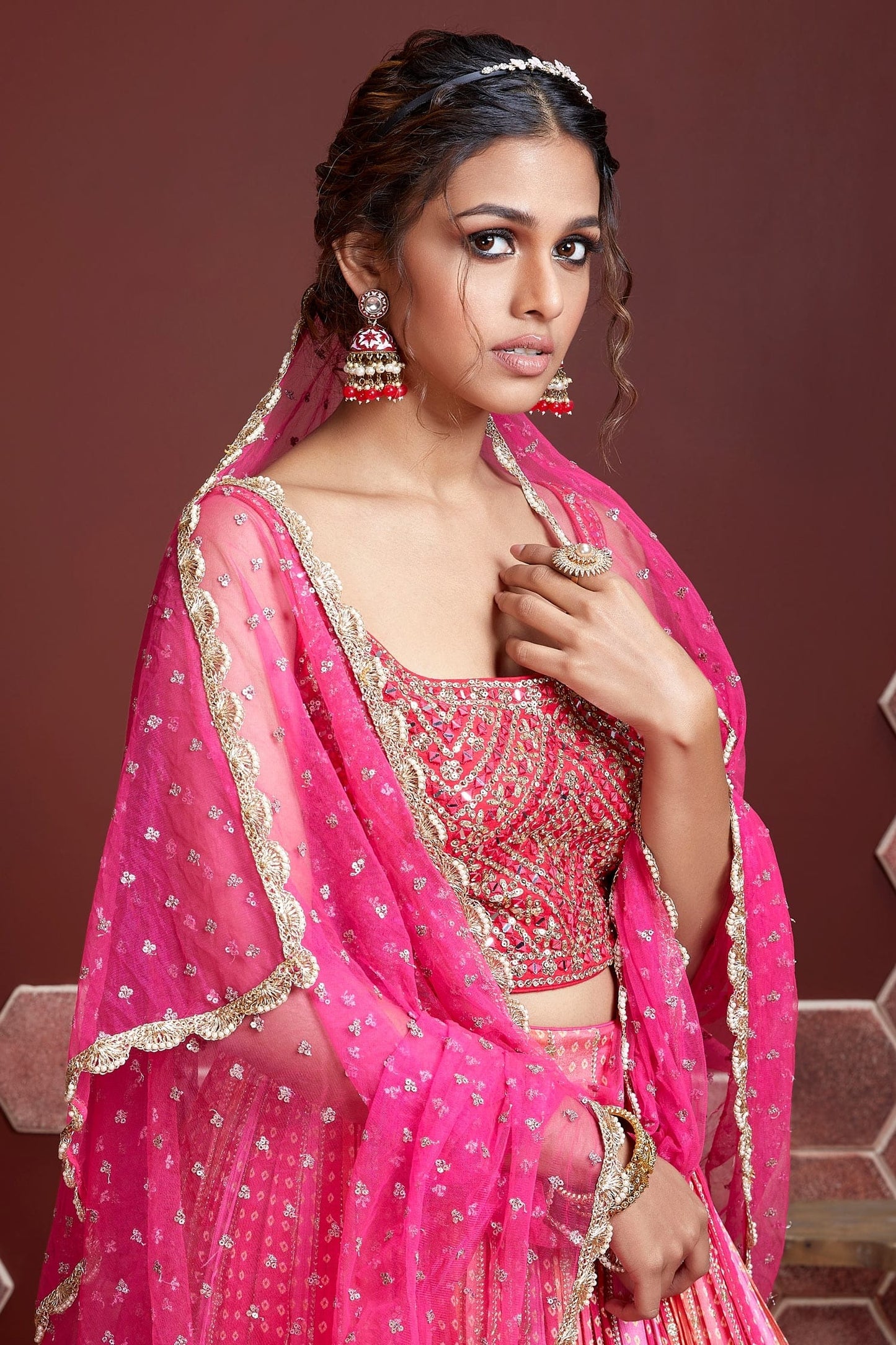 Wonderful Pink Digital Print Chinnon Silk Engagement Wear Lehenga Choli By WTW