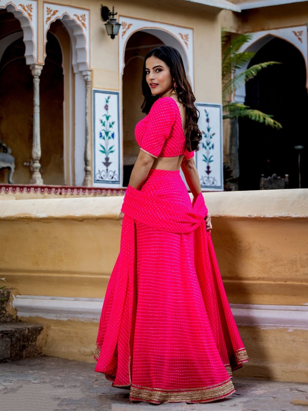 Astounding Pink Leheriya Georgette Bridesmaid Lehenga Choli By WTW
