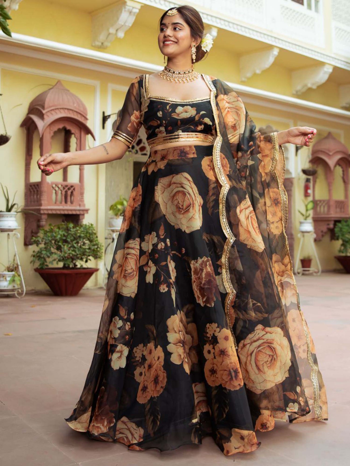 Black Color Digital Print Organza Lehenga Choli By WTW