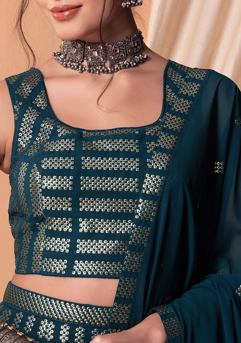 Teal Matte Sequin Embroidered Lehenga Set With Blouse And Dupatta By WTW