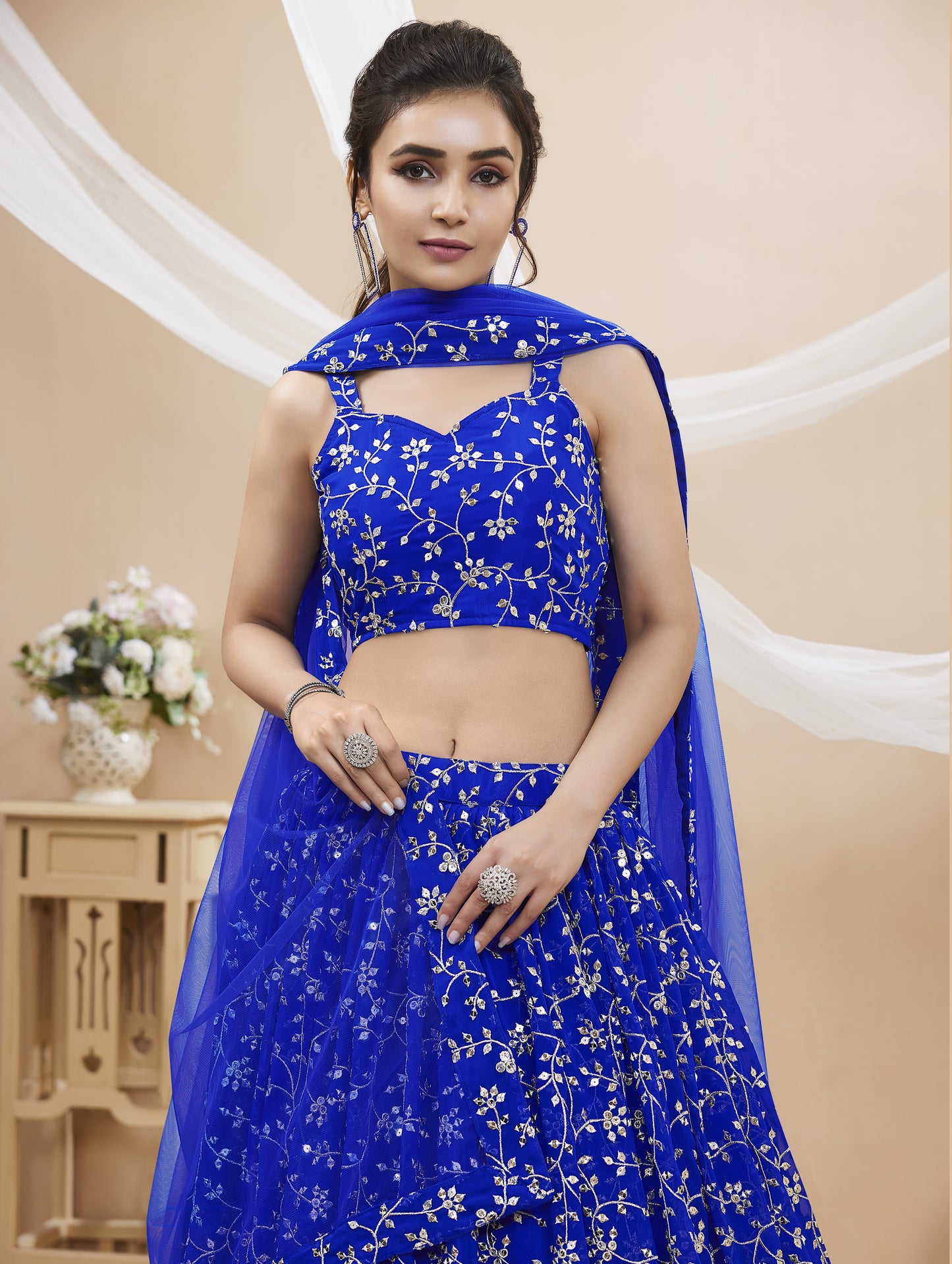 Blue Sequins Georgette Wedding Wear Lehenga Choli By WTW