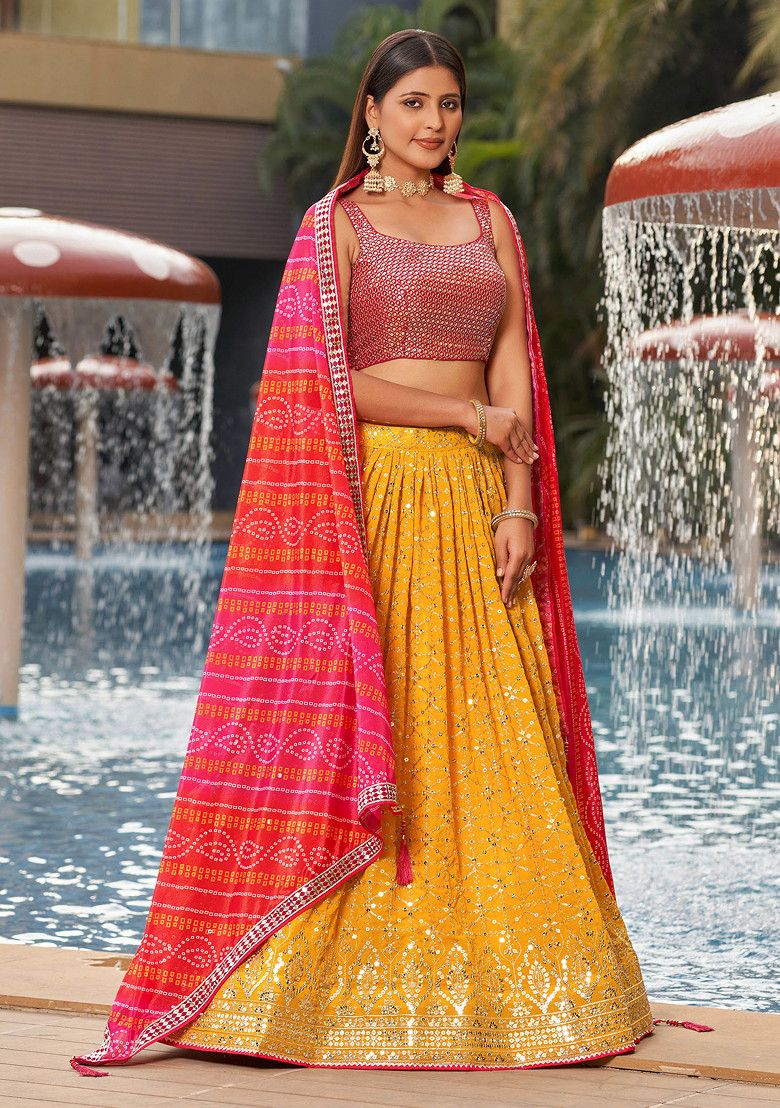 Yellow And Pink Digital Print Embroidered Georgette Lehenga Set By WTW