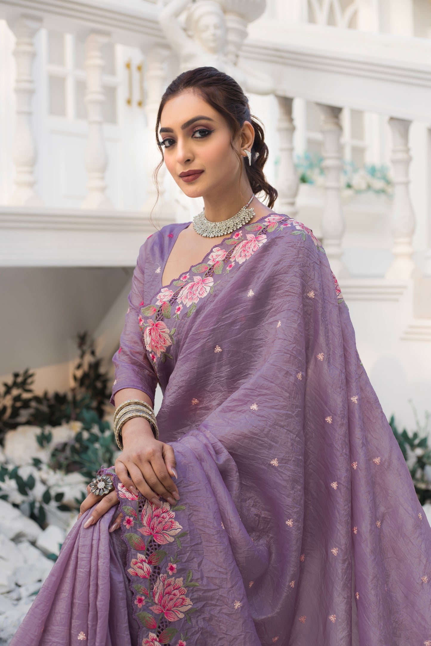 Crush Silk Lavender Party Wear Embroidery Work Saree By WTW
