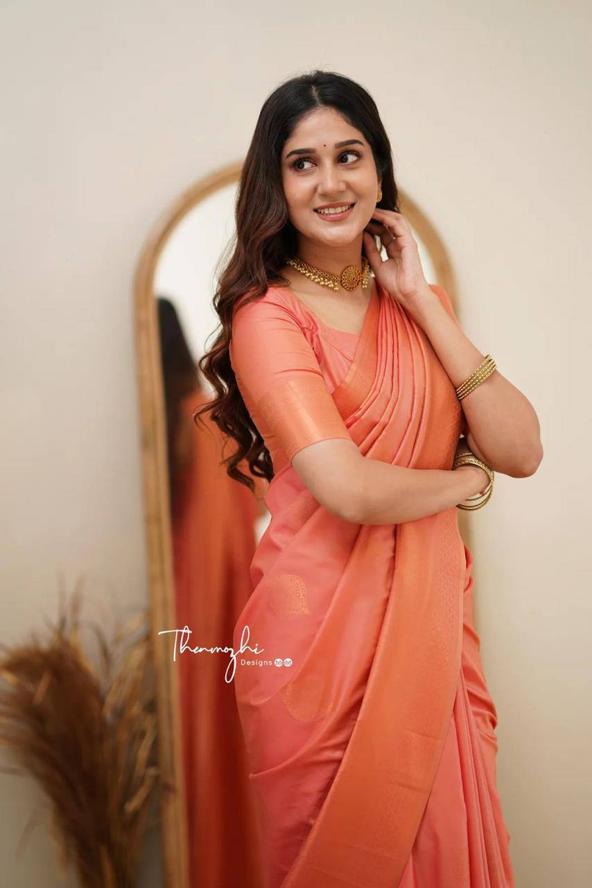 Desultory Peach Soft Silk Saree With Eloquence Blouse Piece By WTW