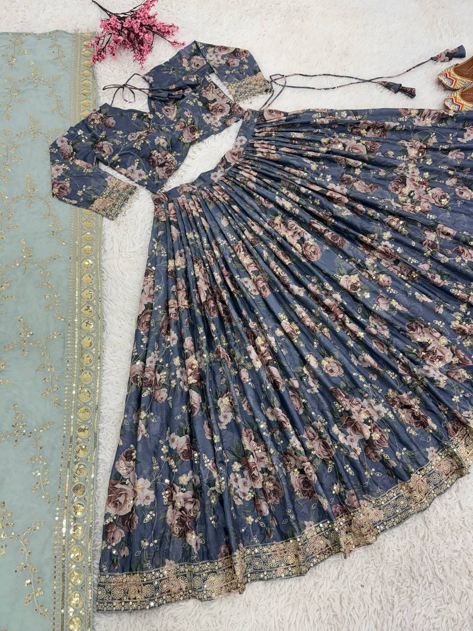 Superb Blue Color Chinon Silk Digital Printed Lehenga Choli By WTW