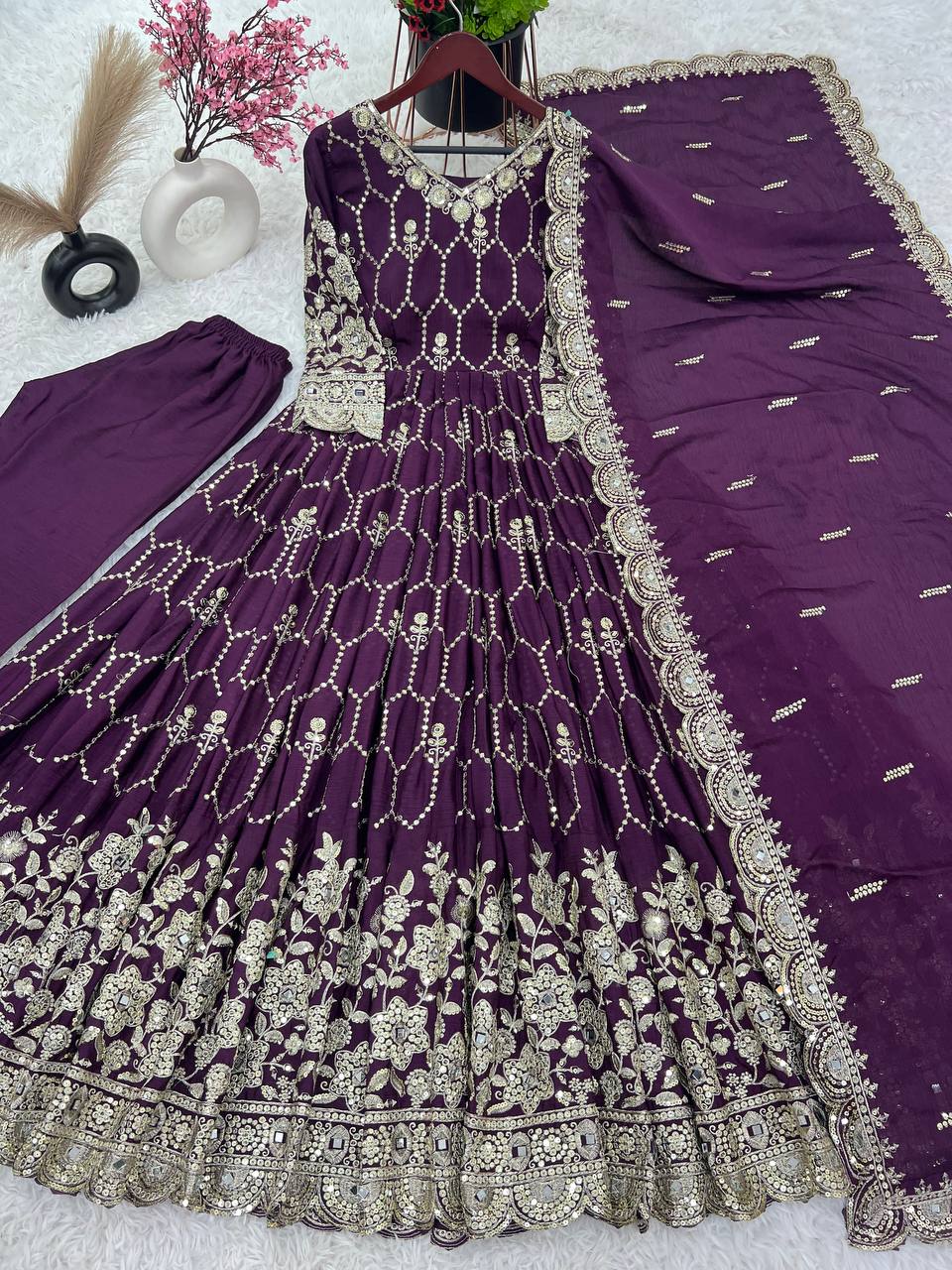 Aglow Purple Color Chinnon Silk Embroidery Sequence Gown By WTW