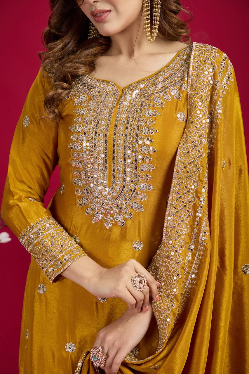 Mustard Sharara Set With Gota Patti Embellished Kurta And Dupatta By WTW