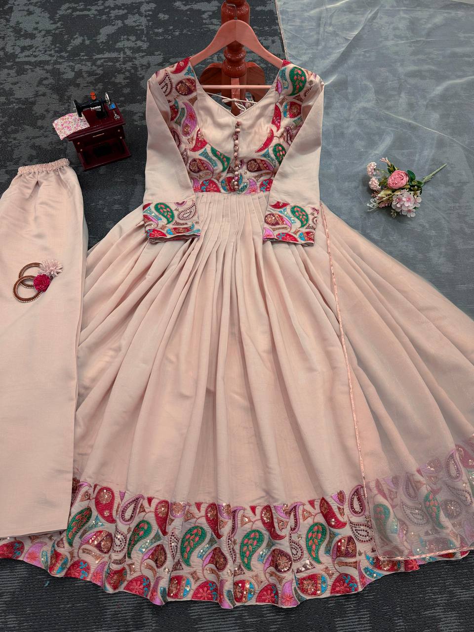 Black Faux Georgette Thread Work Gown With Dupatta By WTW