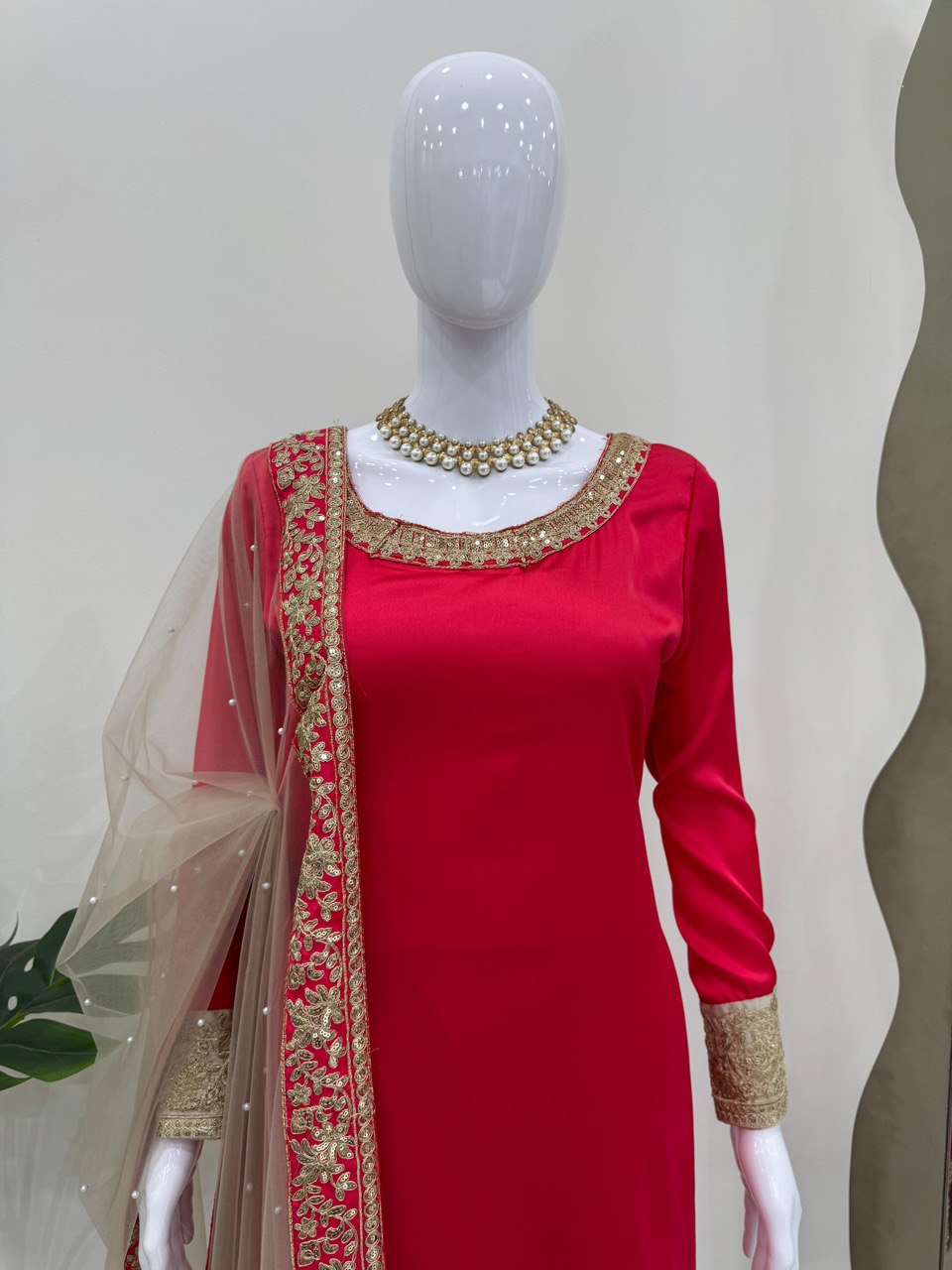 Red Satin Silk Kurta Set By WTW