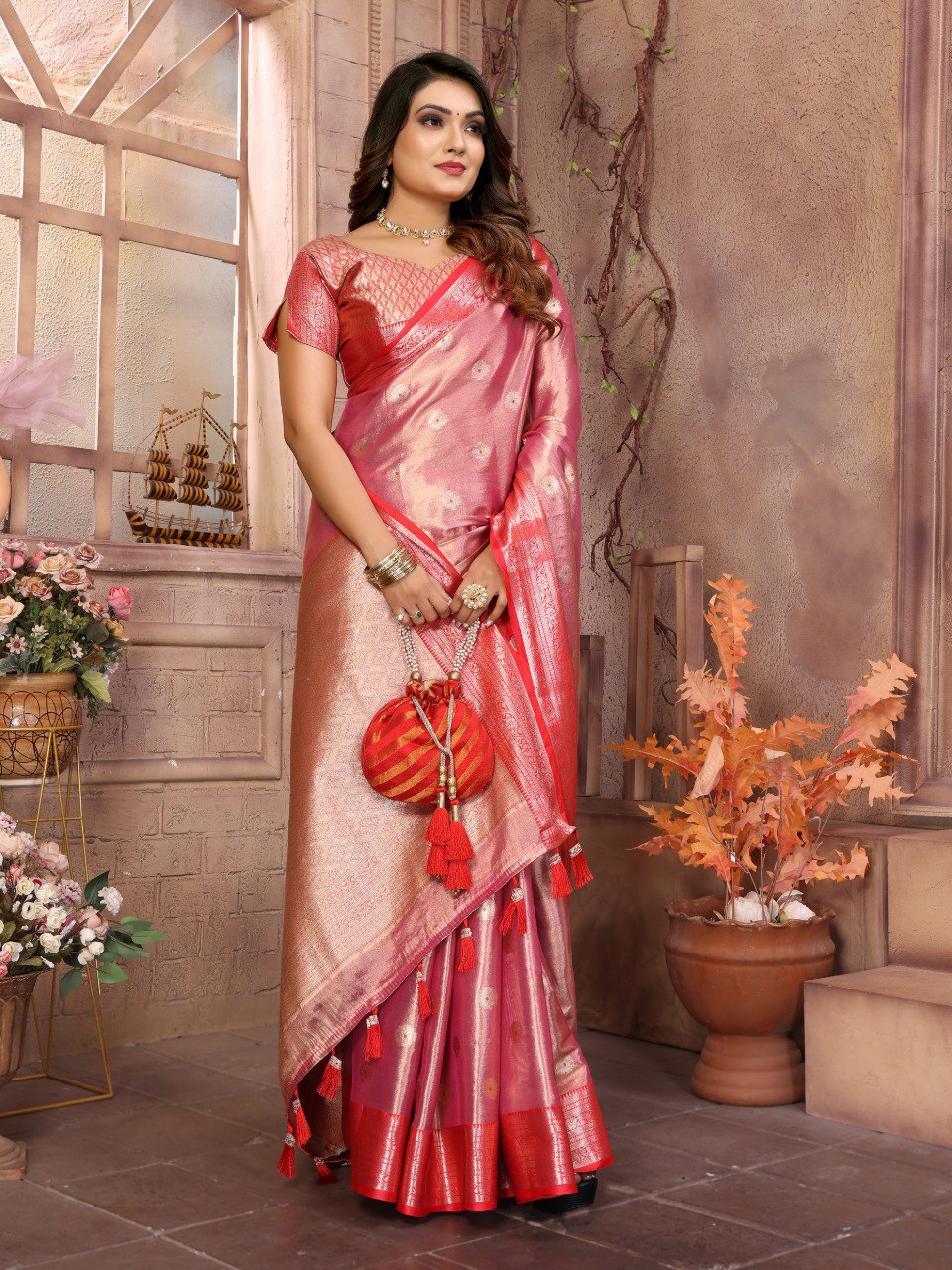 Pattern Wedding & Party Wear Tissue Silk Light Pink Color Saree By WTW