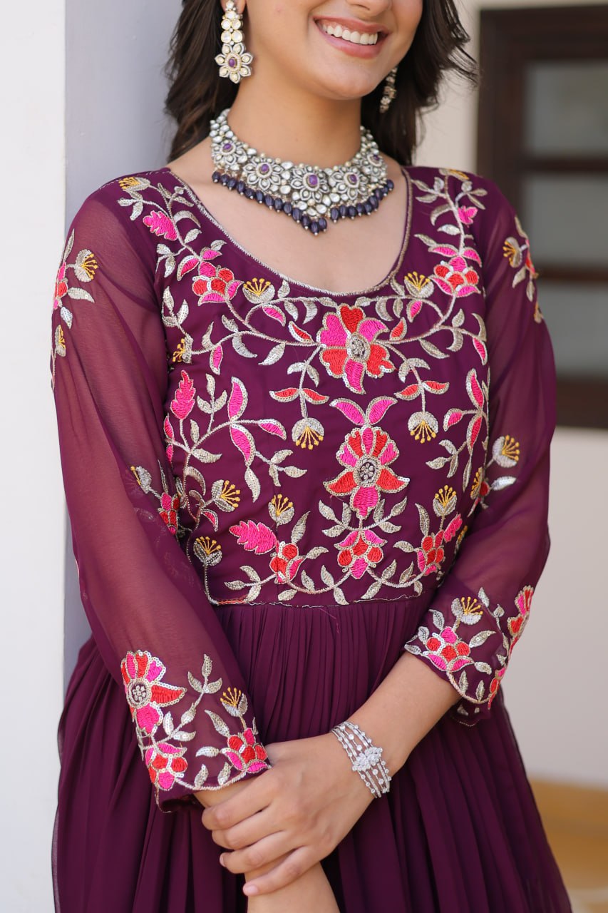 Wine Color Designer Thread Embroidery Anarkali Gown By WTW