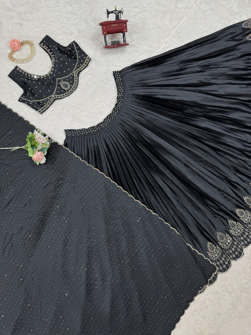 Beautiful Black Satin Silk Diamond & Real Mirror Work Lehenga Choli By WTW