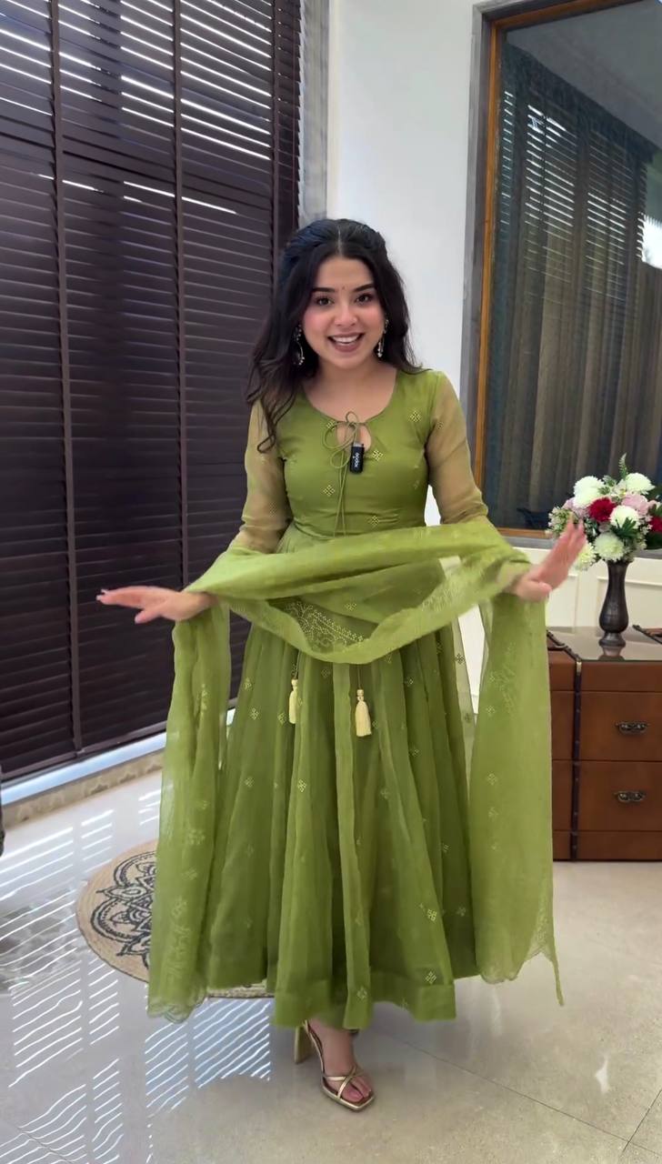 Green Faux Georgette Embroidery Work Gown With Dupatta Set By WTW