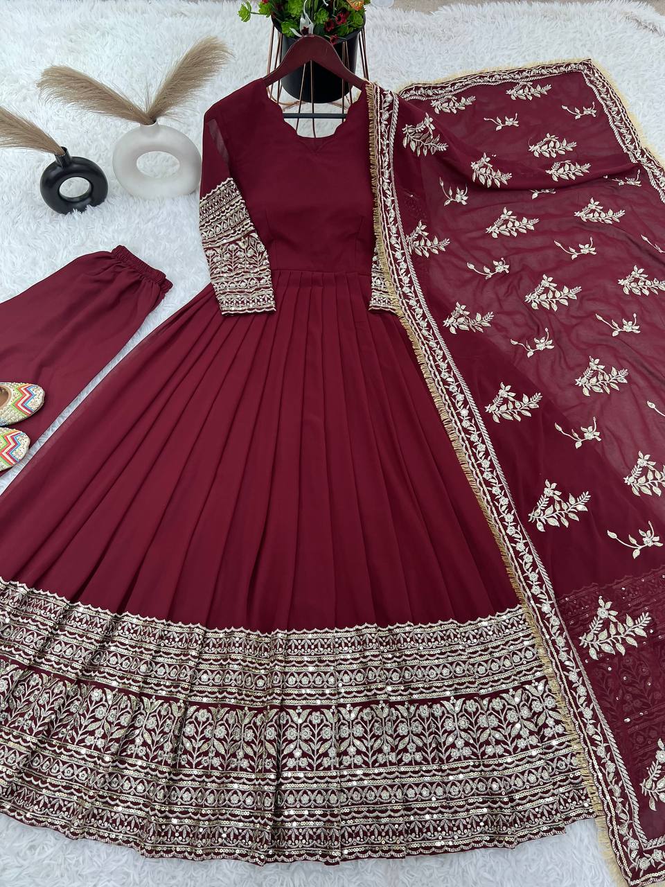 Dark Maroon Heavy Gold Embroidered Anarkali Kurta Set By WTW
