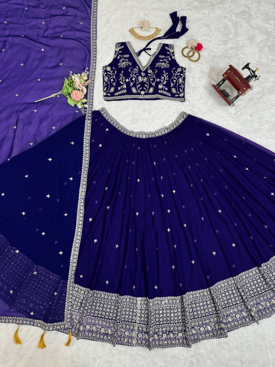Blue Faux Georgette Thread Work Lehenga Choli By WTW