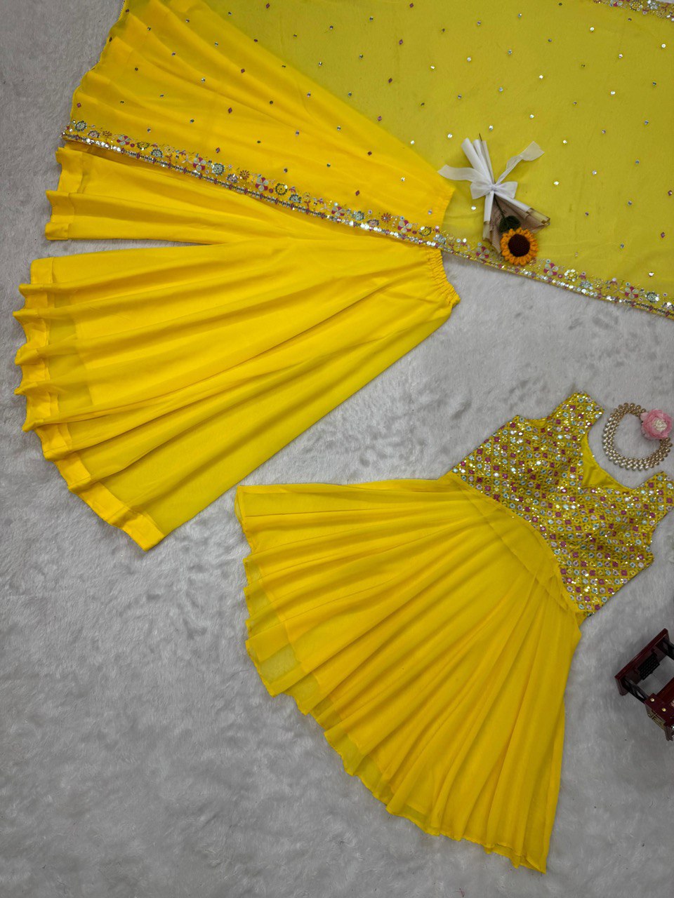 Yellow Top Palazzo With Dupatta In Georgette With Embroidery Work Haldi Outfit By WTW