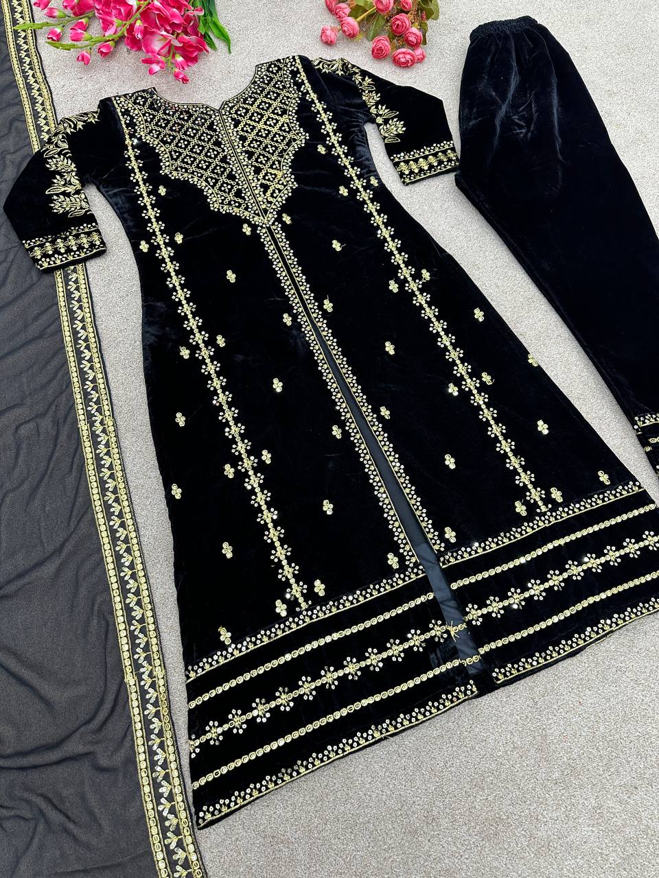 Black Viscose Velvet Sequence Embroidery Work Salwar Suit By WTW