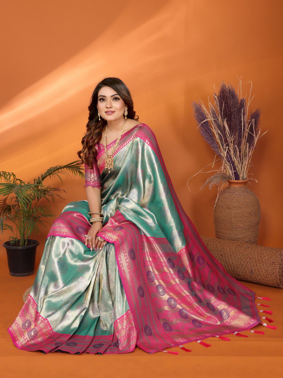 Sea Green Premium Banarasi Tissue Silk Saree With Zari Weaving Work By WTW