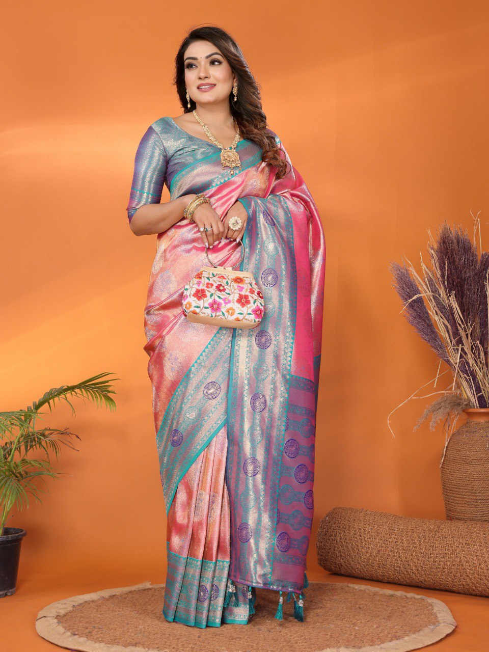 Decent Paithani Banarasi Silk Sky Pink & Teal Blue Color Saree By WTW
