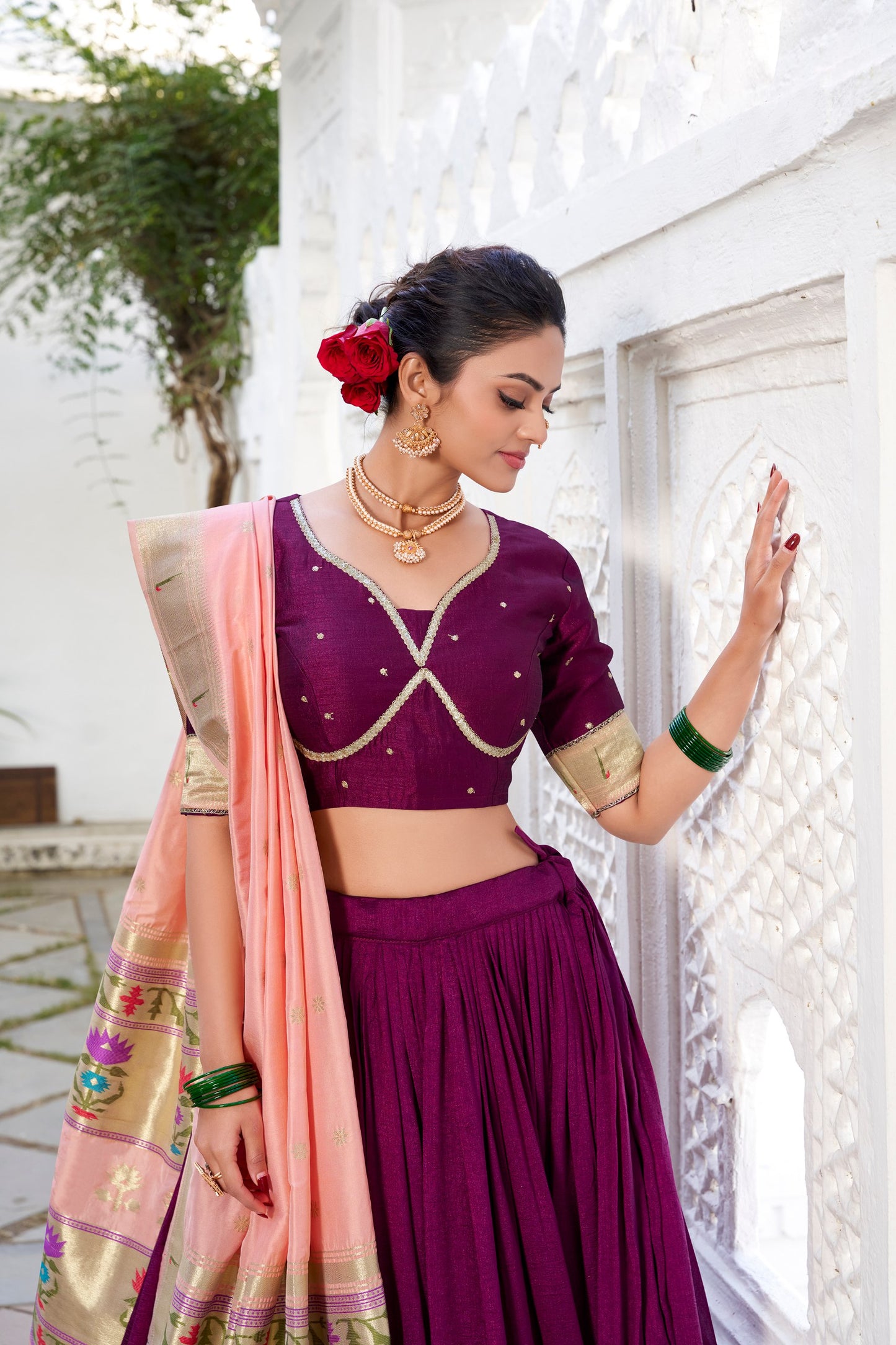 Demanding Wine Color Vichitra Silk Stitched Lehenga Choli For Party By WTW