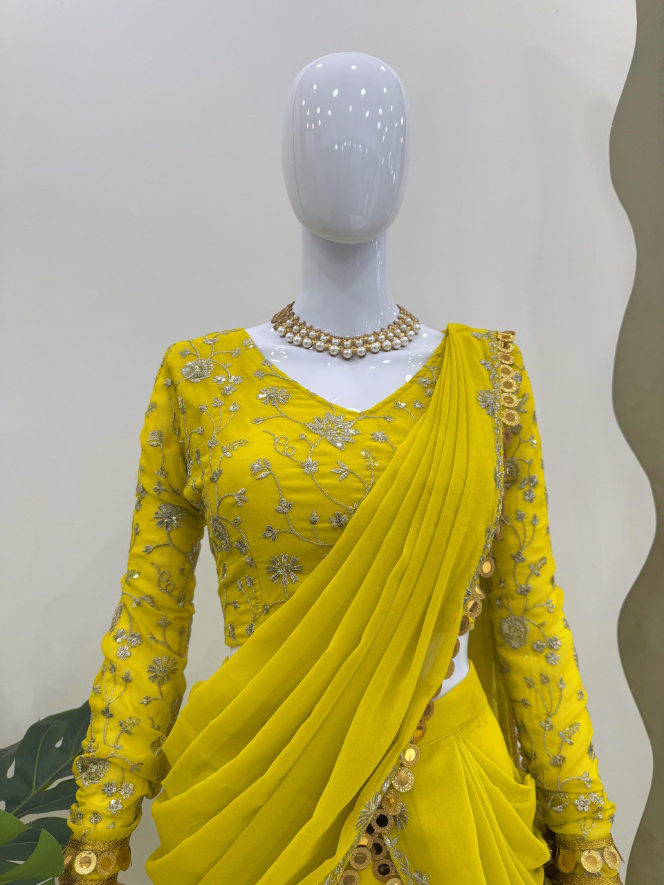 Pretty Yellow Color Foix Georgette Sequence With Coin Lace Border Lehenga Saree By WTW