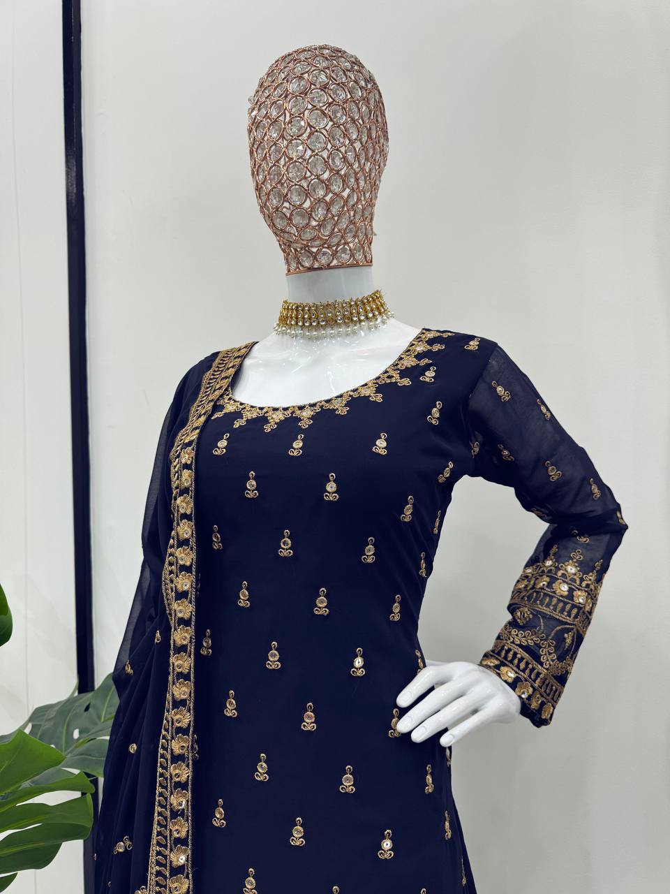 Navy Blue Georgette Kurta Palazzo Set With Embroidery Work and Dupatta BY WTW