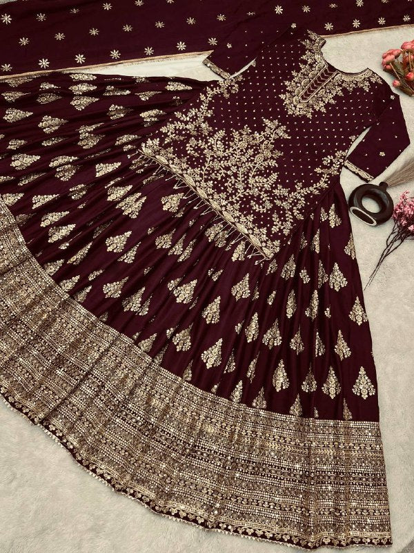 Captivating Maroon Color Chinnon Silk Embroidery Lehenga Choli By WTW