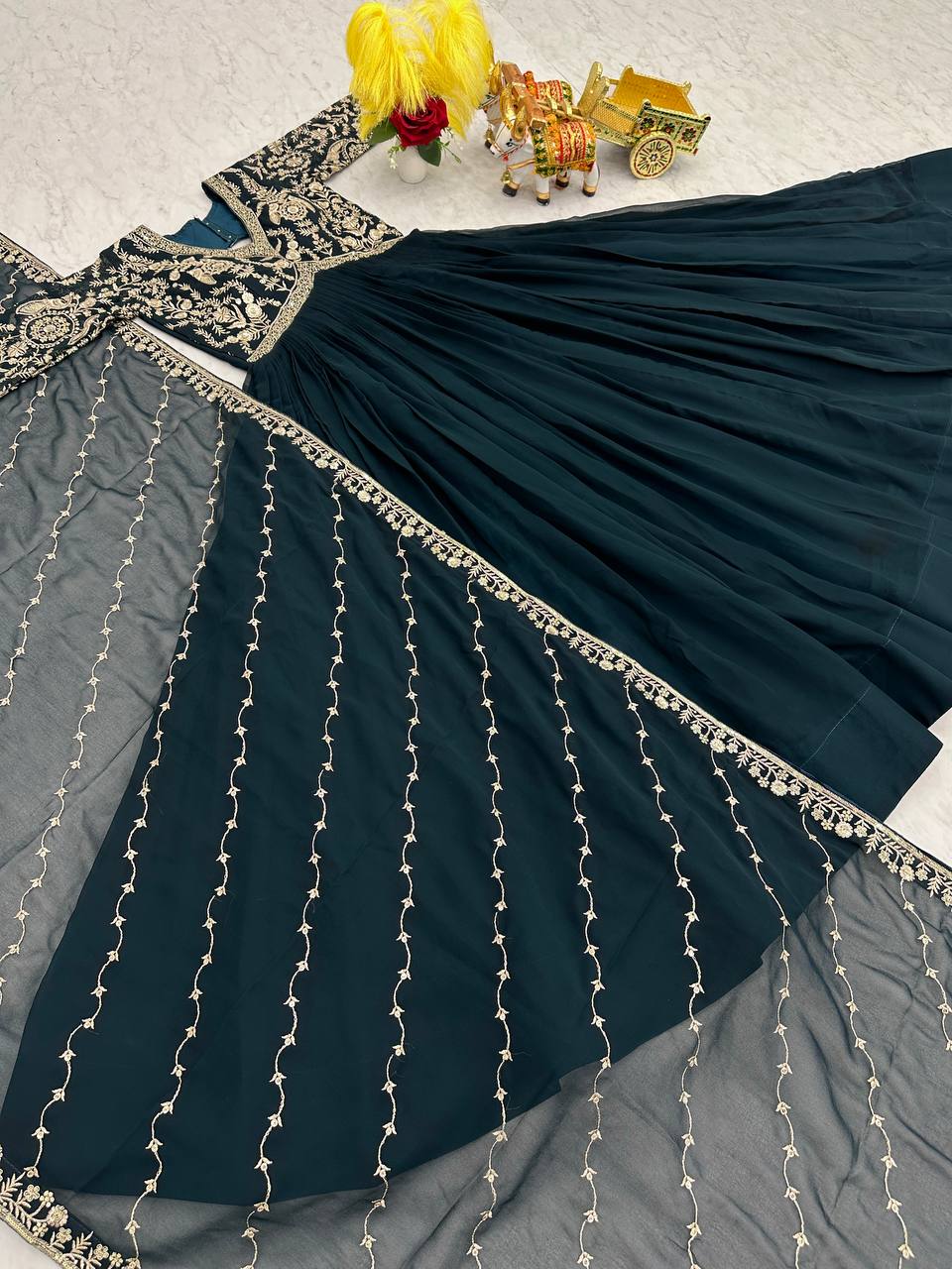 Traditional Rama Color Georgette Sequins Work Party Gown By WTW