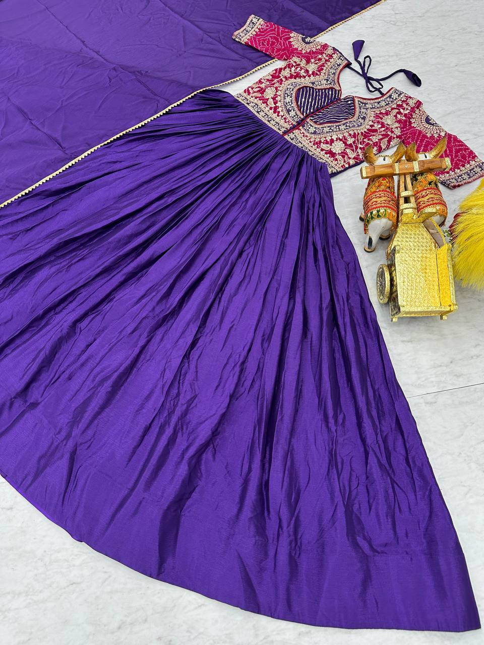 Designer Gown In Purple Chinon With Bandhej And Embroidery Work With Dupatta By WTW