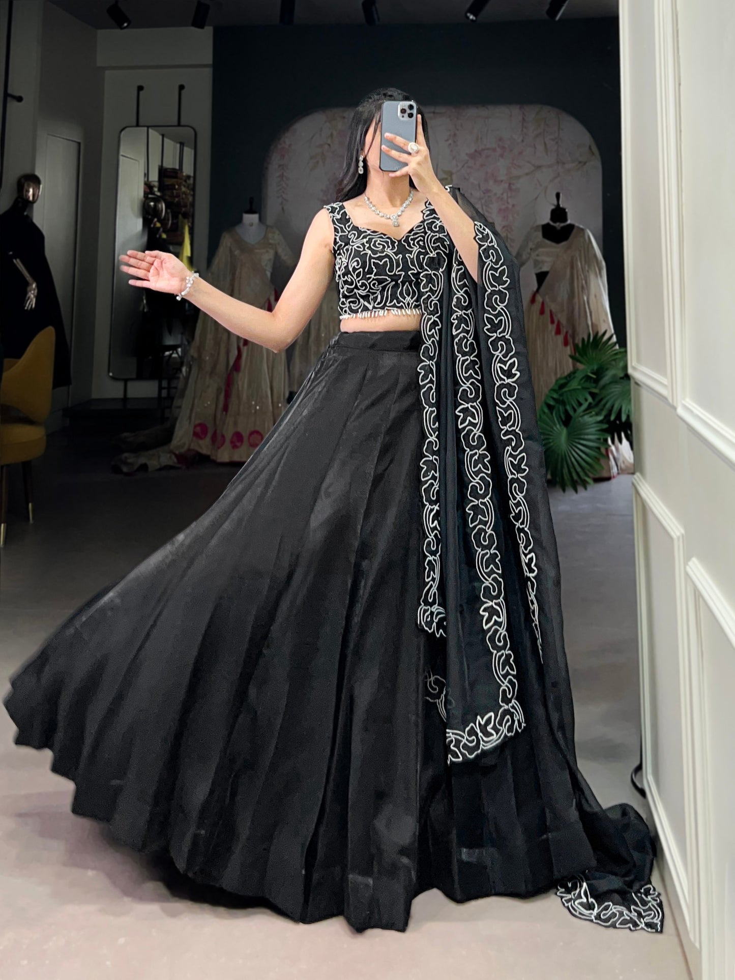 Beautiful Black Satin Party Wear Lehenga With Pearl Work Blouse By WTW