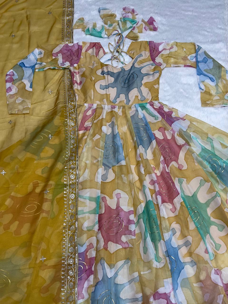 Multi Coloured Hand Print Anarkali Suit Set By WTW