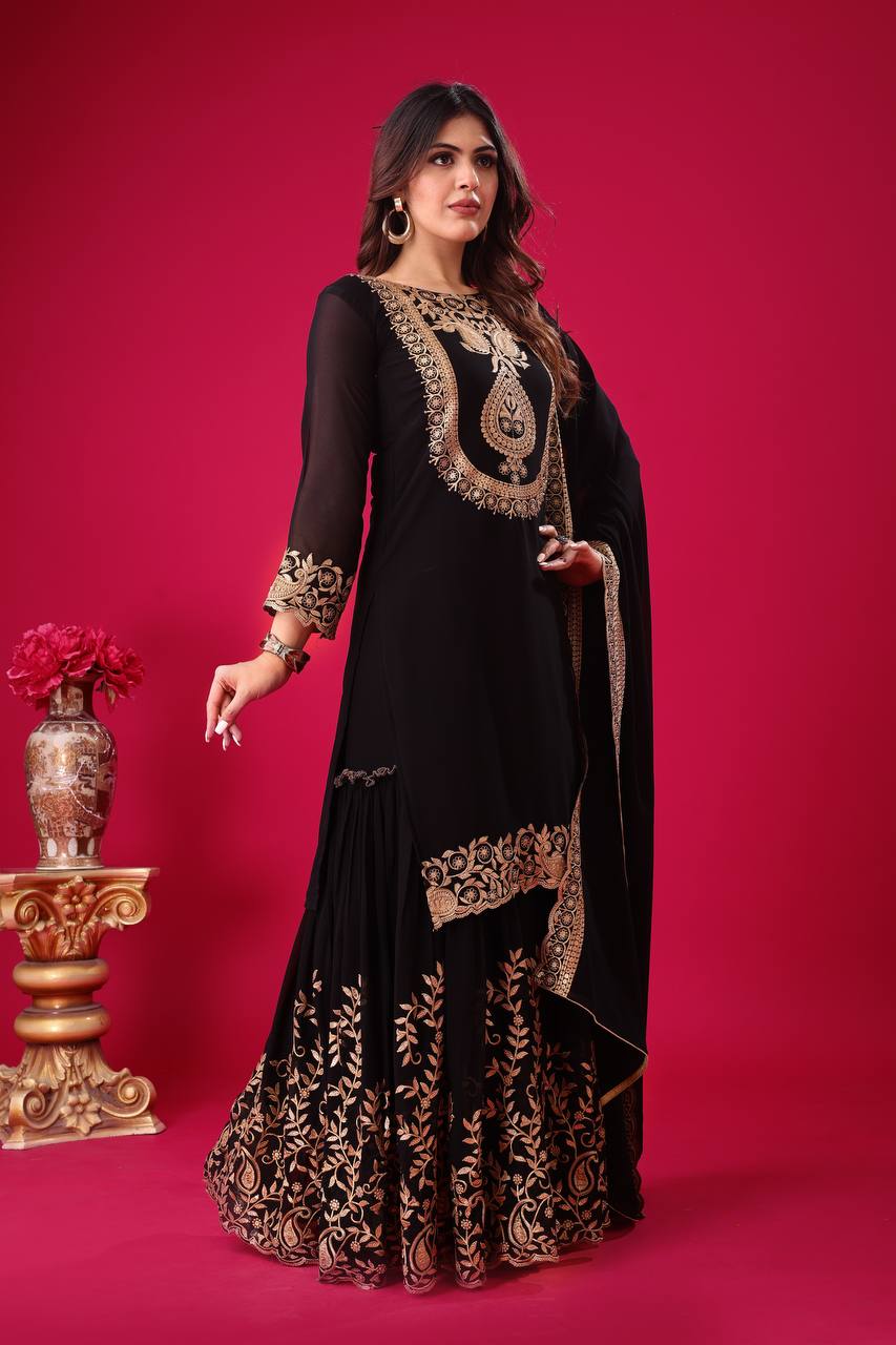 Amazing Black Color Faux Georgette With Embroidery Sequence Thread Work Salwar Suit By WTW