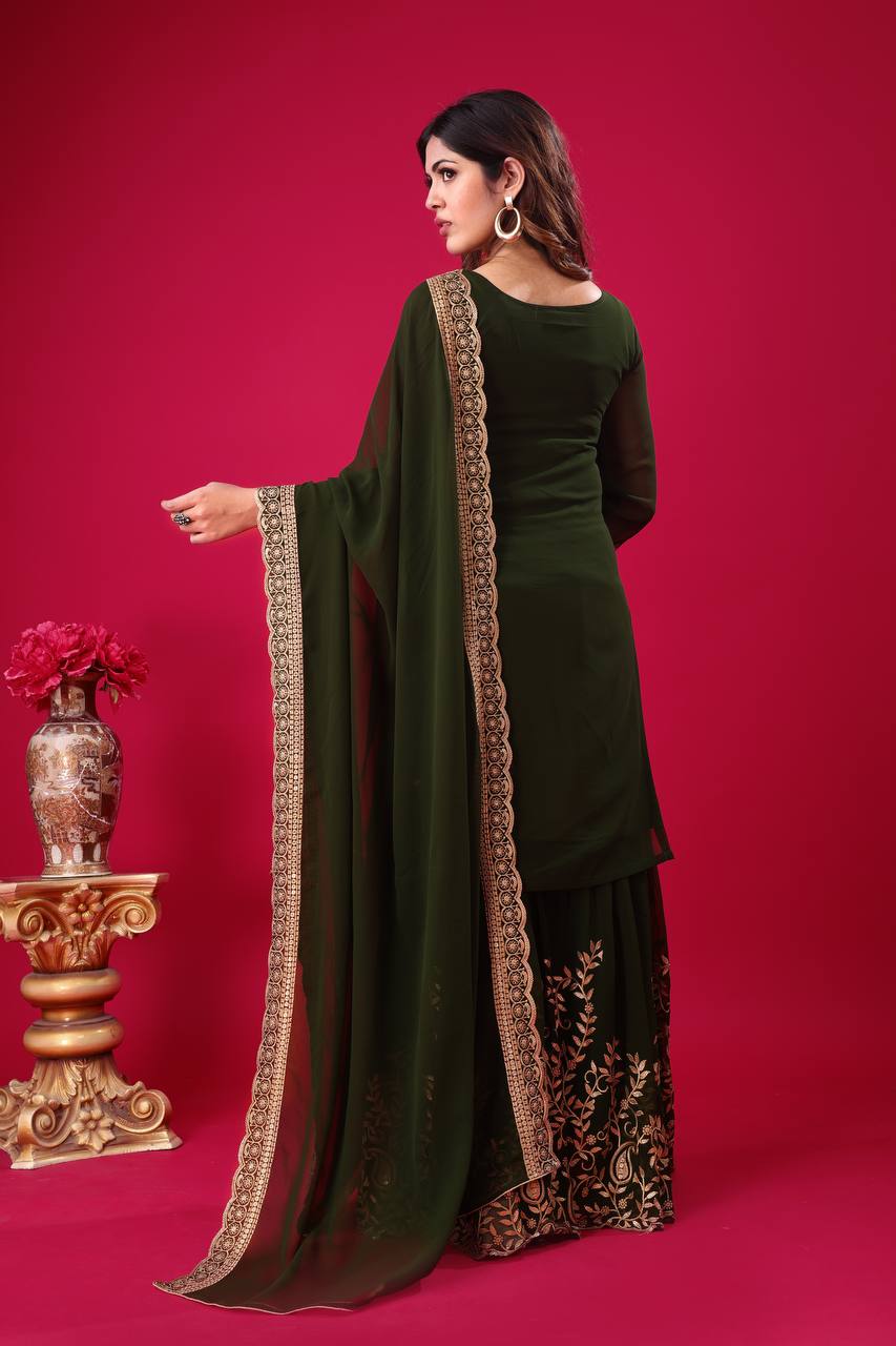 Amazing Bottle Green Color Faux Georgette With Embroidery Sequence Thread Work Salwar Suit By WTW