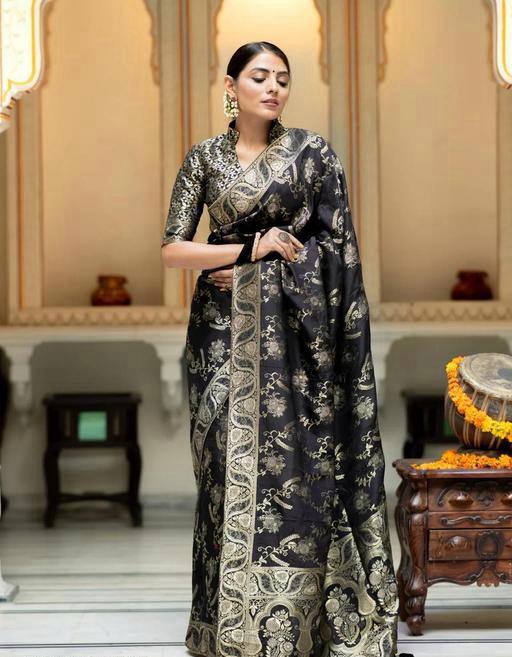 Splendorous Black Color Soft Lichi Silk Jacquard On All Over Saree By WTW