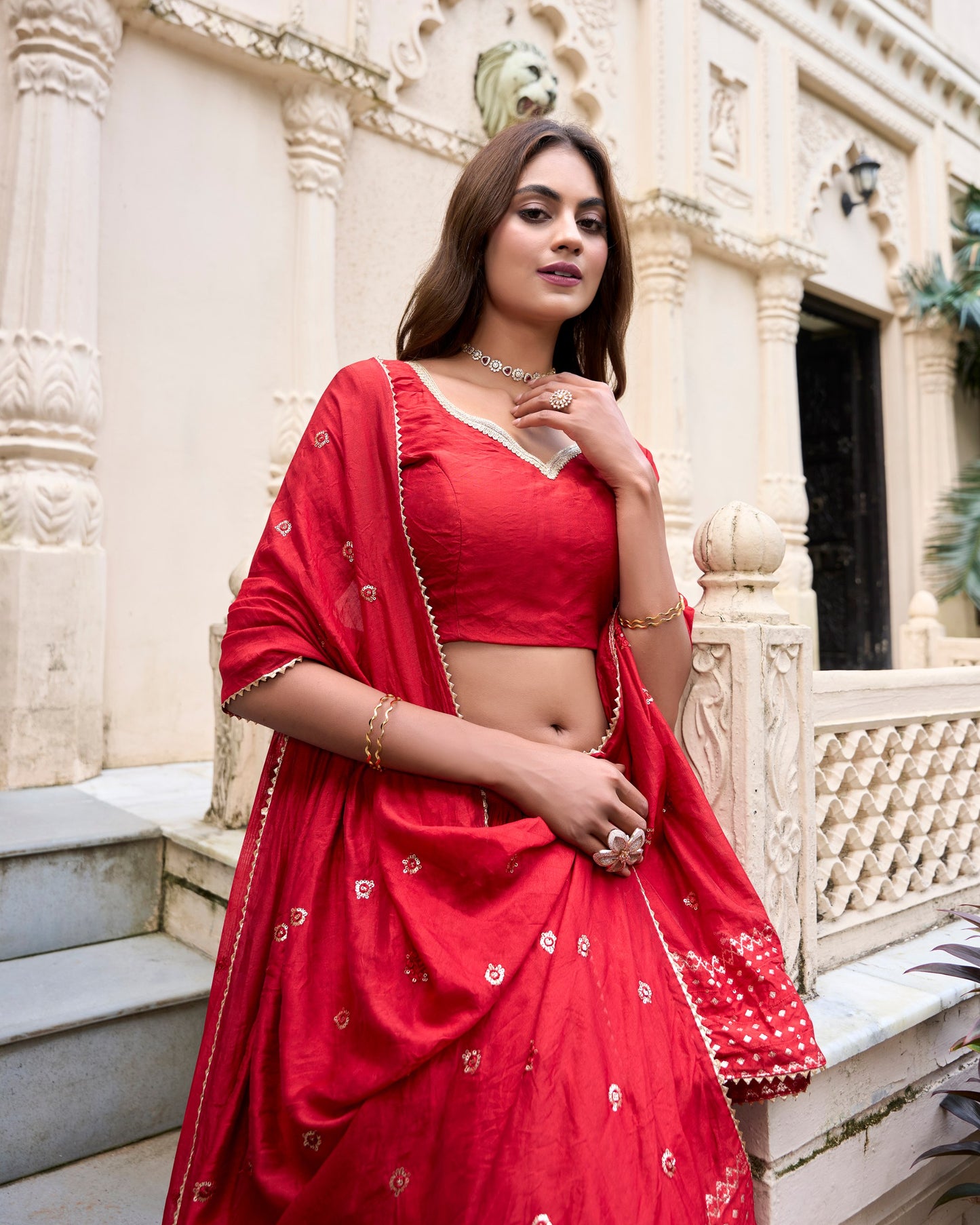 Chanderi Red Bela Lehenga Choli By WTW