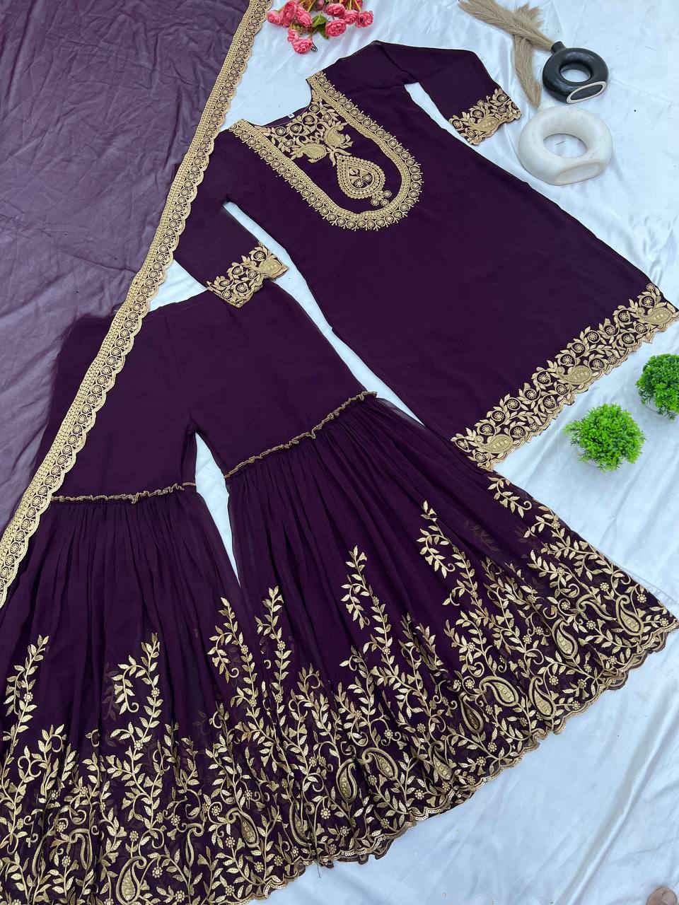 Amazing Wine Color Faux Georgette With Embroidery Sequence Thread Work Salwar Suit By WTW