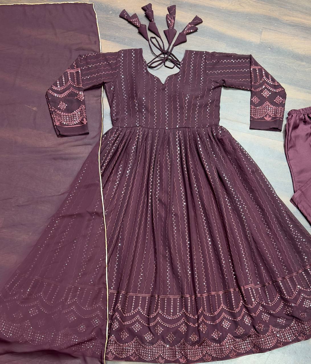 Coffee Color Sequins Embroidered Georgette Anarkali Suit By WTW