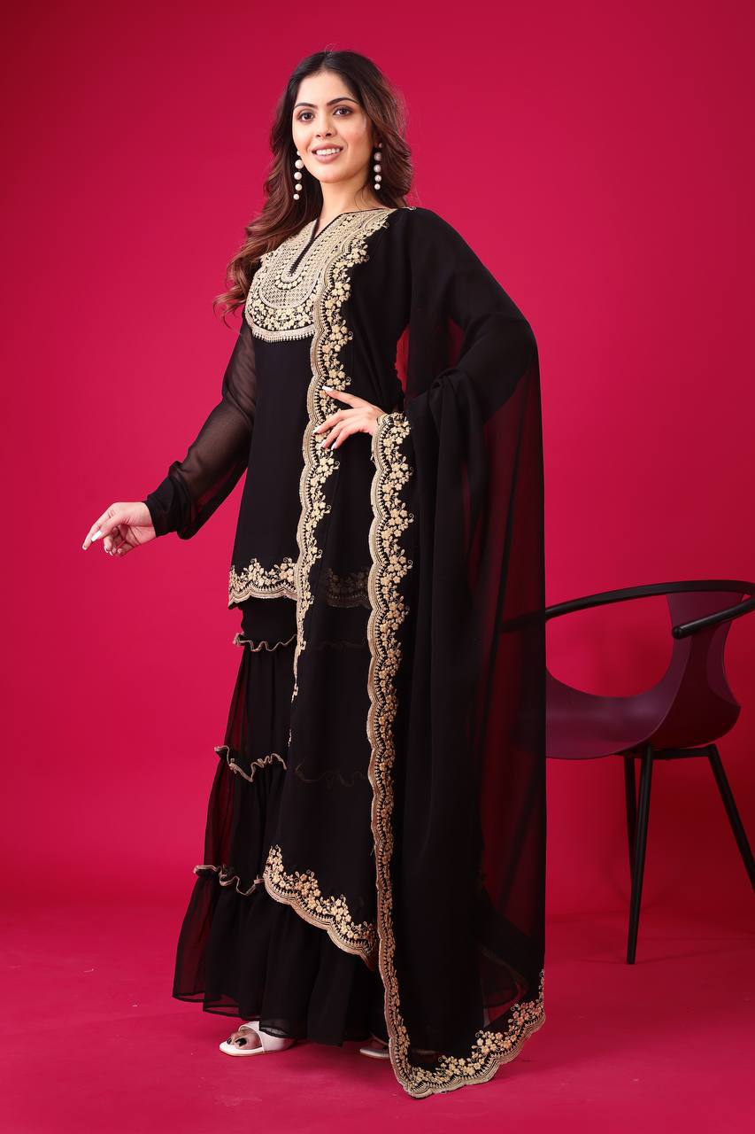 Adorable Embroidery Work Black Color Sharara Suit By WTW