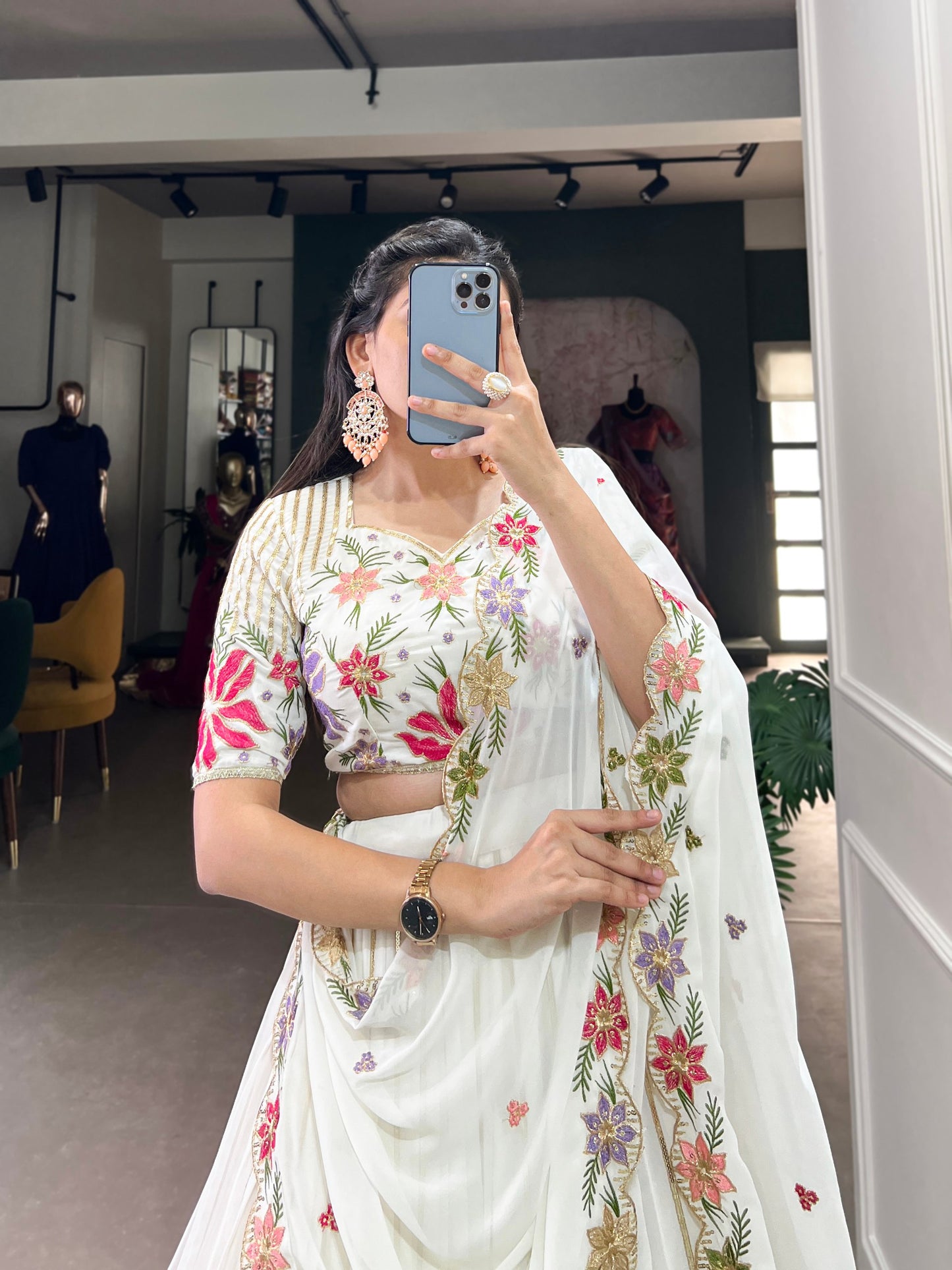 White Color Georgette Thread Embroidered Lehenga Choli By WTW