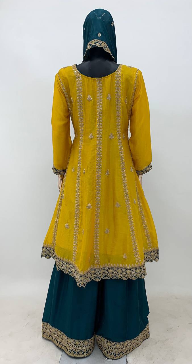 Mustard Yellow And Dark Green Embroidered Chinnon Silk Palazzo Suit By WTW