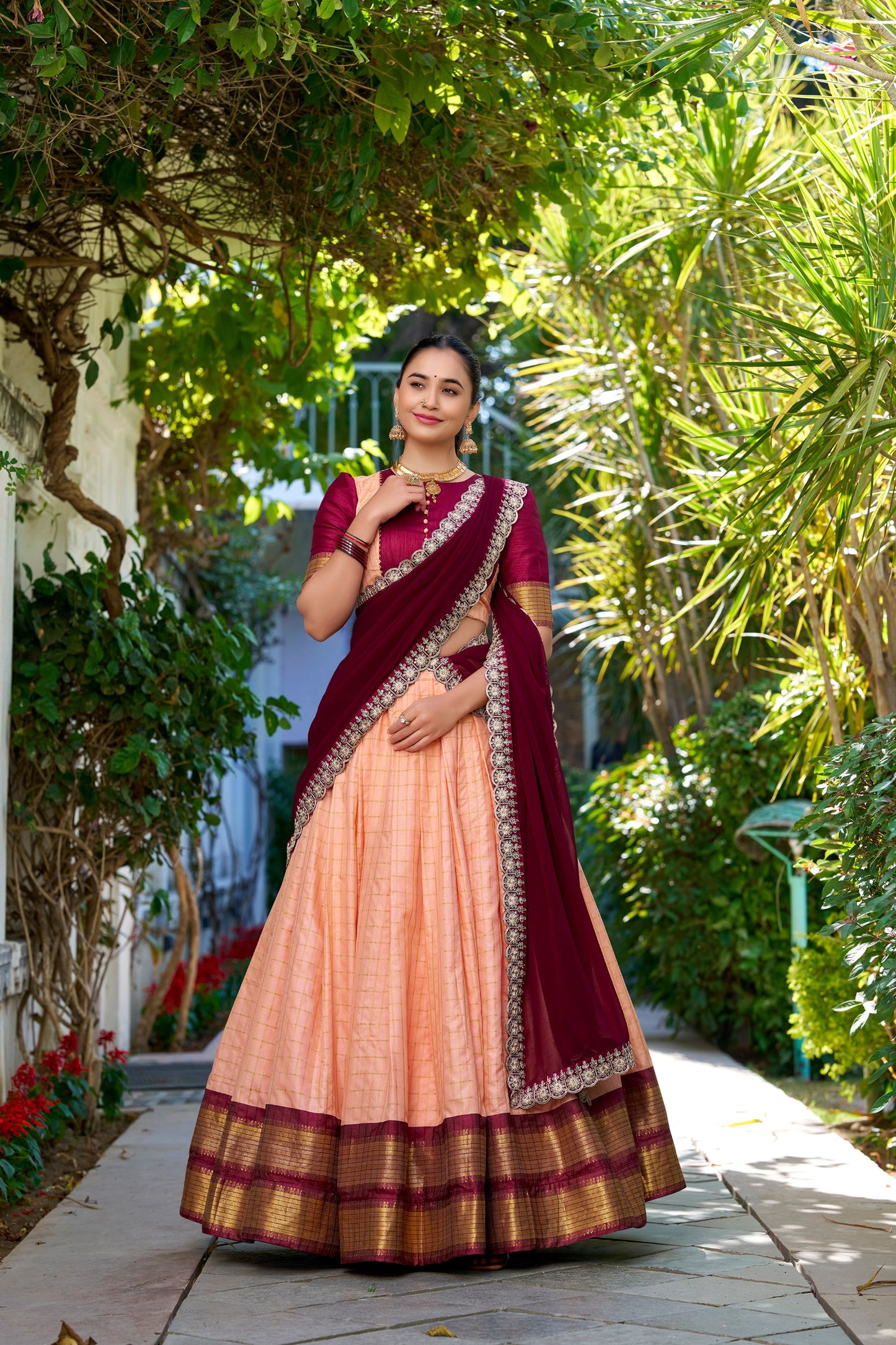 Gorgeous Peach Zari Weaving Silk Onam Special Half Saree Lehenga By WTW