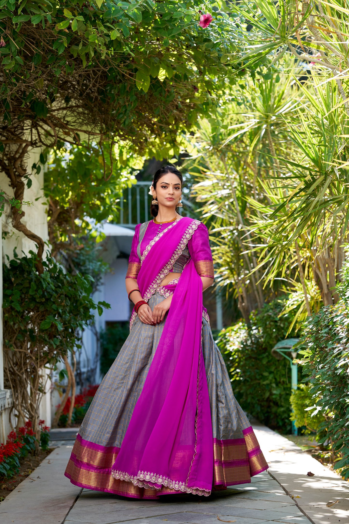 Charming Grey Zari Weaving Silk Onam Special Half Saree Lehenga By WTW