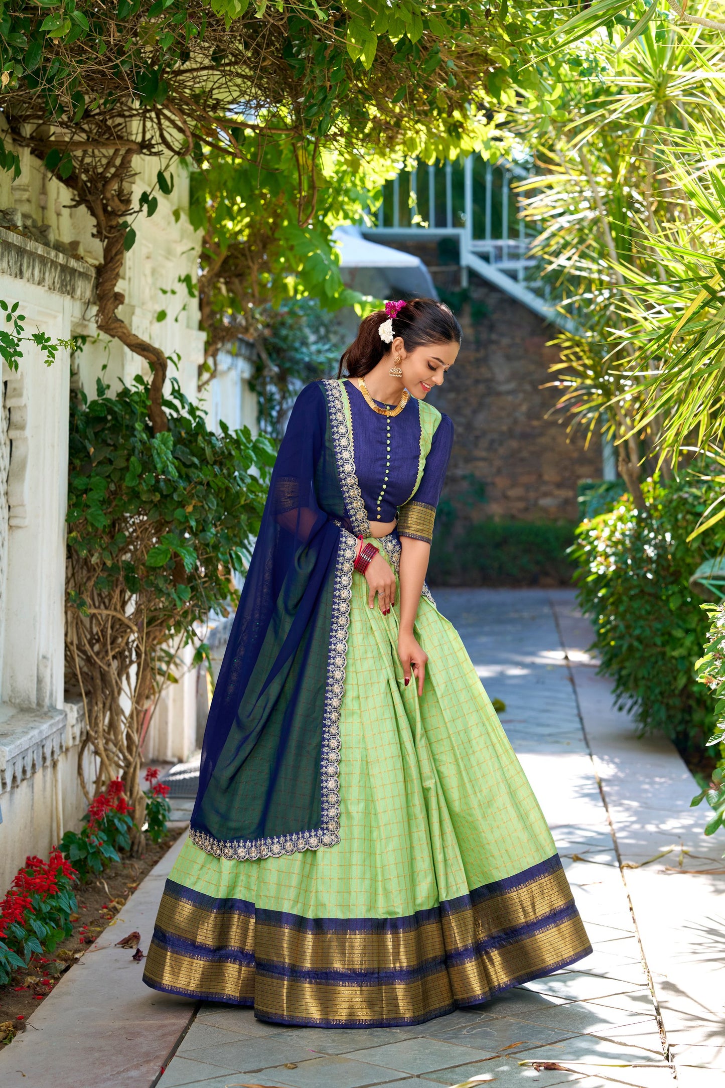 Precious Pista Green Zari Weaving Art Silk Traditional Half Saree Lehenga By WTW