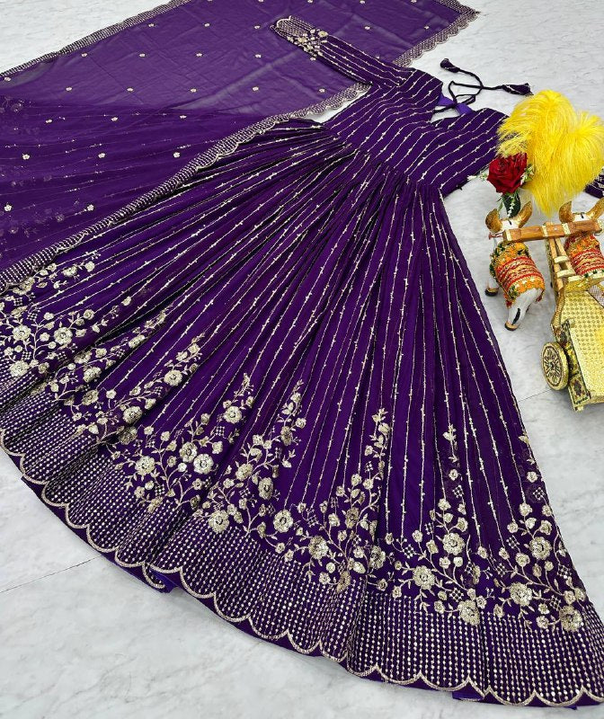 Women’s Purple Color Fox Georgette Sequence Embroidery Work With Gown By WTW