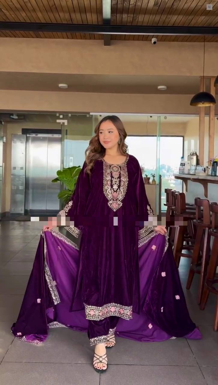 Women's Viscose Velvet With Embroidery Sequence Work Kurti With Palazzo And Dupatta Set By WTW