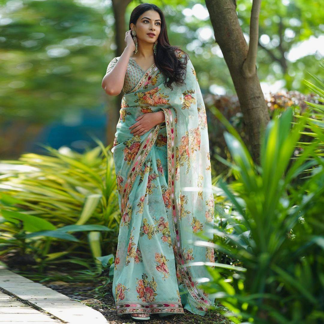 Flower Design Pista Color Saree For Wedding By WTW