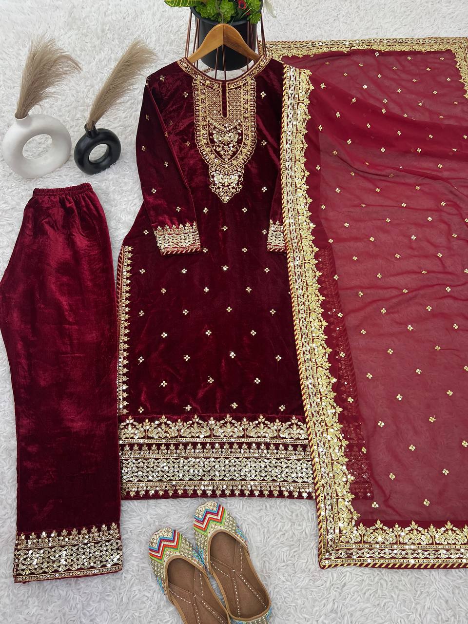 Exciting Marron Color Velvet Georgette Embroidery Sequence Salwar Suit By WTW
