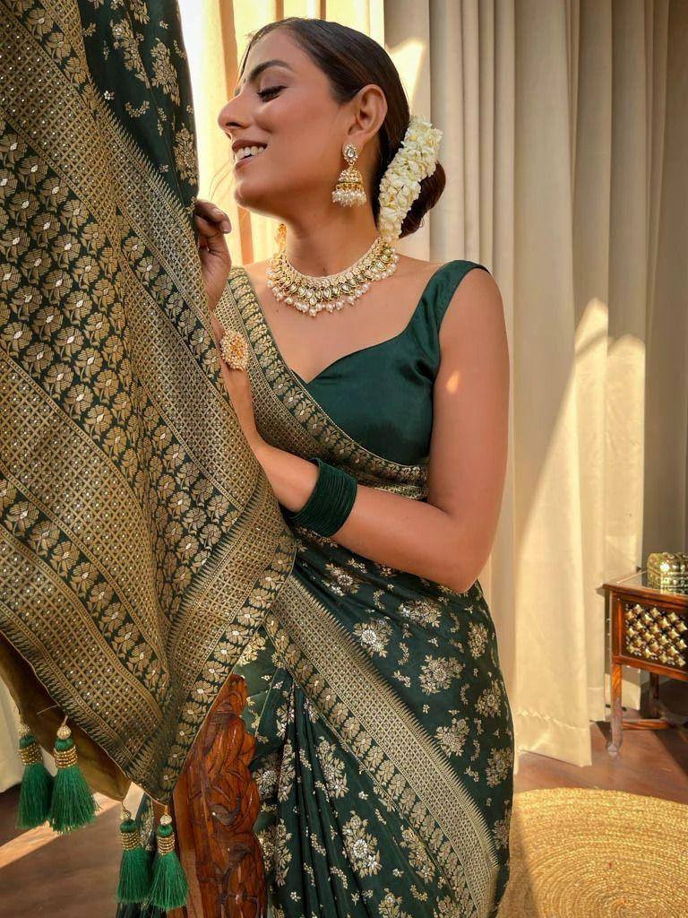 Dark Green Banarasi Soft Silk Saree With Copper Zari Weaving And Brocade Blouse By WTW