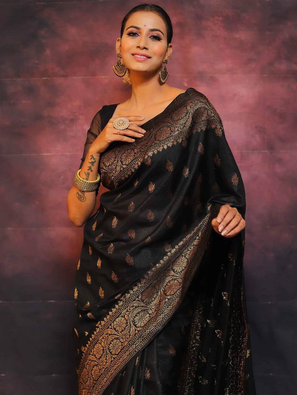 Black Banarasi Silk Woven Saree By WTW